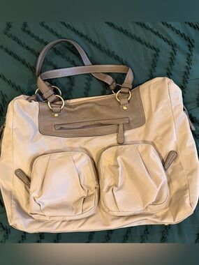 Neutral Beige Baby Bag with Taupe Trim - Women's Diaper Tote